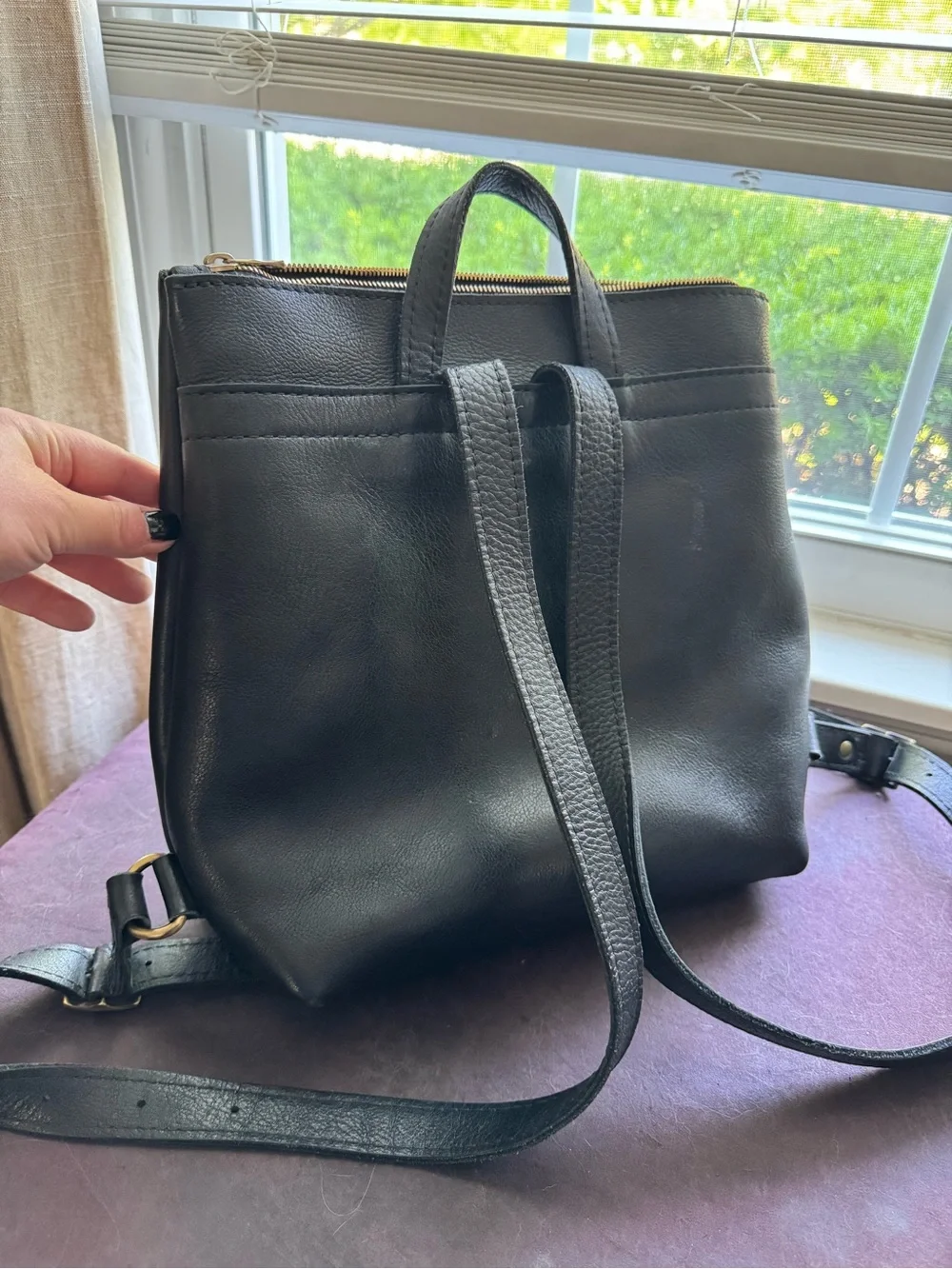 Portland Leather Backpack, pebbled black with gold zippers